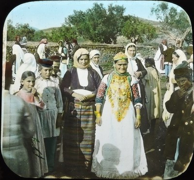 CEYLON? WOMEN IN BEAUTIFUL COLORFUL CEREMONIAL DRESS, ANTIQUE PHOTO ON GLASS