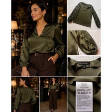 Banana Republic Petite XXS Olive Satin Blouse Covered Button Sleeve V Neck