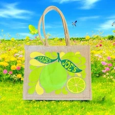 Trader Joe's Citrus Jute Tote Bag Lemon Lime Print Double-Sided Eco Reusable