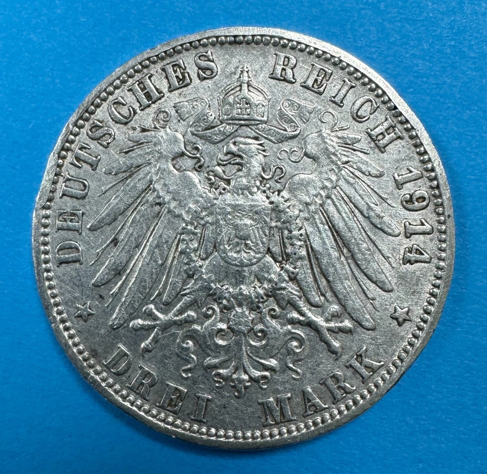 Württemberg Kaiserreich 3 Mark 1914 F  Wilhelm II.  900er Silber    (8 - Bild 2 von 2