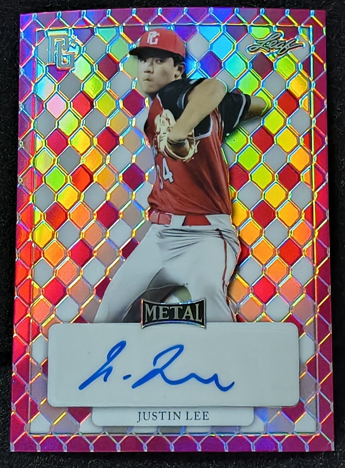 2022 Leaf Perfect Game Justin Lee Pink Rainbow 1/1 Pre-Production Proof Auto #MA view 1