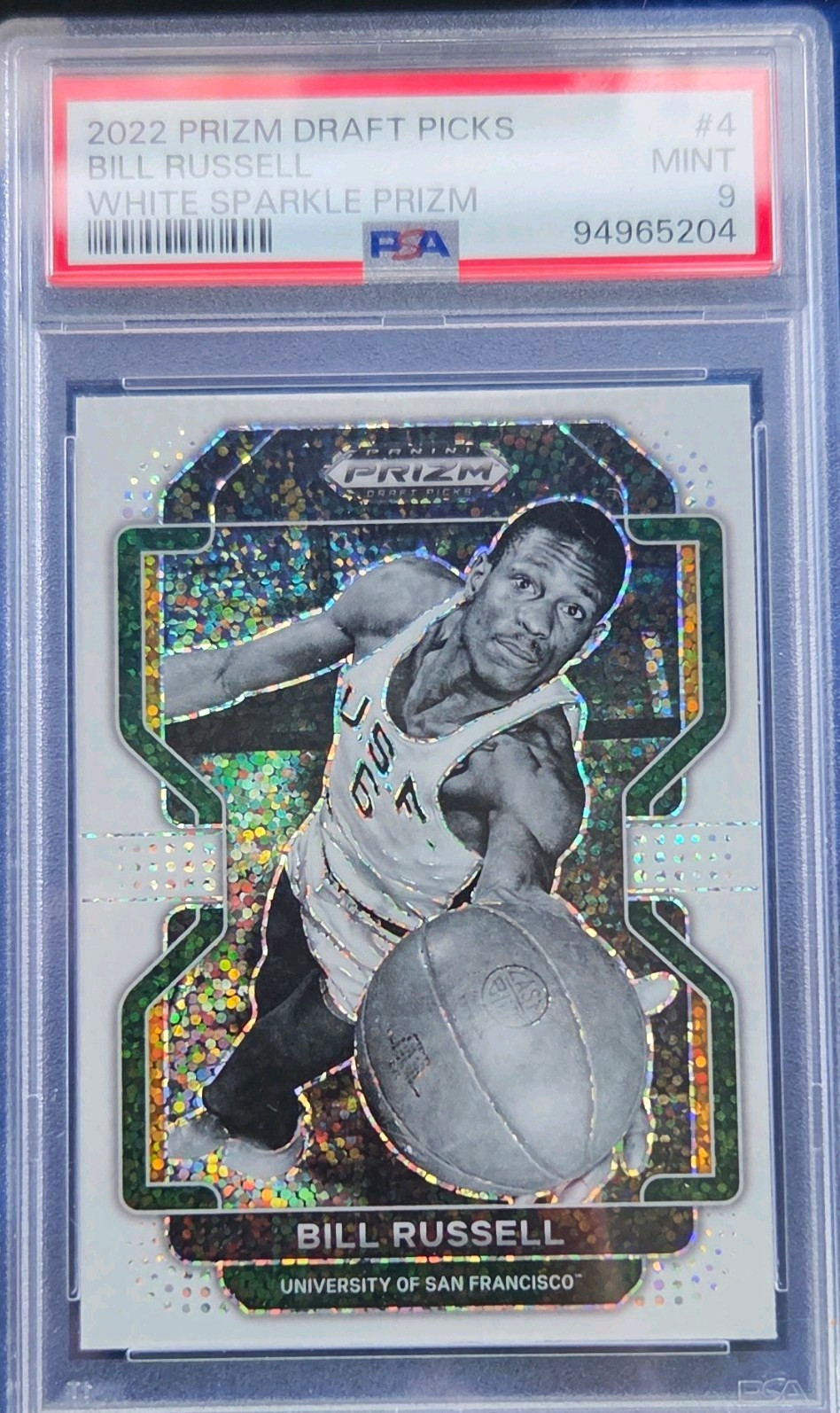 Panini 2022-23 Prizm Draft Picks Bill Russell White Sparkle Prizm #4 PSA 9