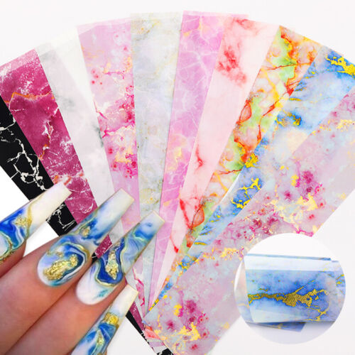 10pcs Marble Transfer Foils for Nail Art Stickers Colorful Holo AB Paper Wraps - Picture 1 of 48