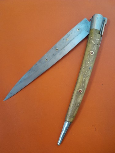 antique mid XXc huge luxury spanish albacete folding knife navaja brass inserts