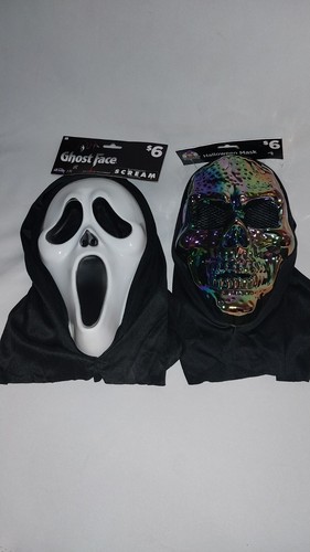 2 Ghost Face Scream And Iridescent Skull Halloween Hooded Masks New With tags - Picture 4 of 4
