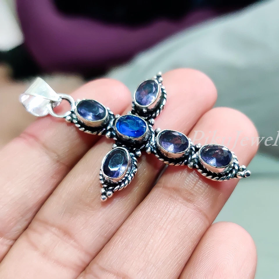 Ciondolo croce in argento sterling 925 con ametista sfaccettata e tanzanite... - Immagine 3 di 4
