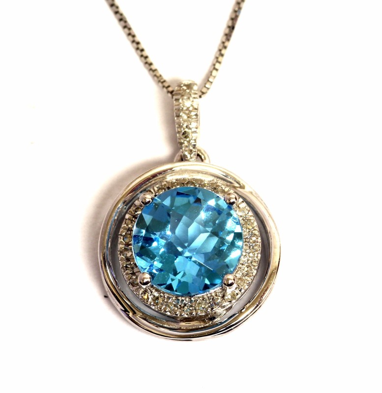 New 14k white gold .15ct SI2 H diamond blue topaz halo pendant necklace 3.3g 18"