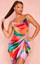 PLT Women's Blurred Print Cowl Neck Satin Draped Bodycon Dress-Multi- (US 2)NEW