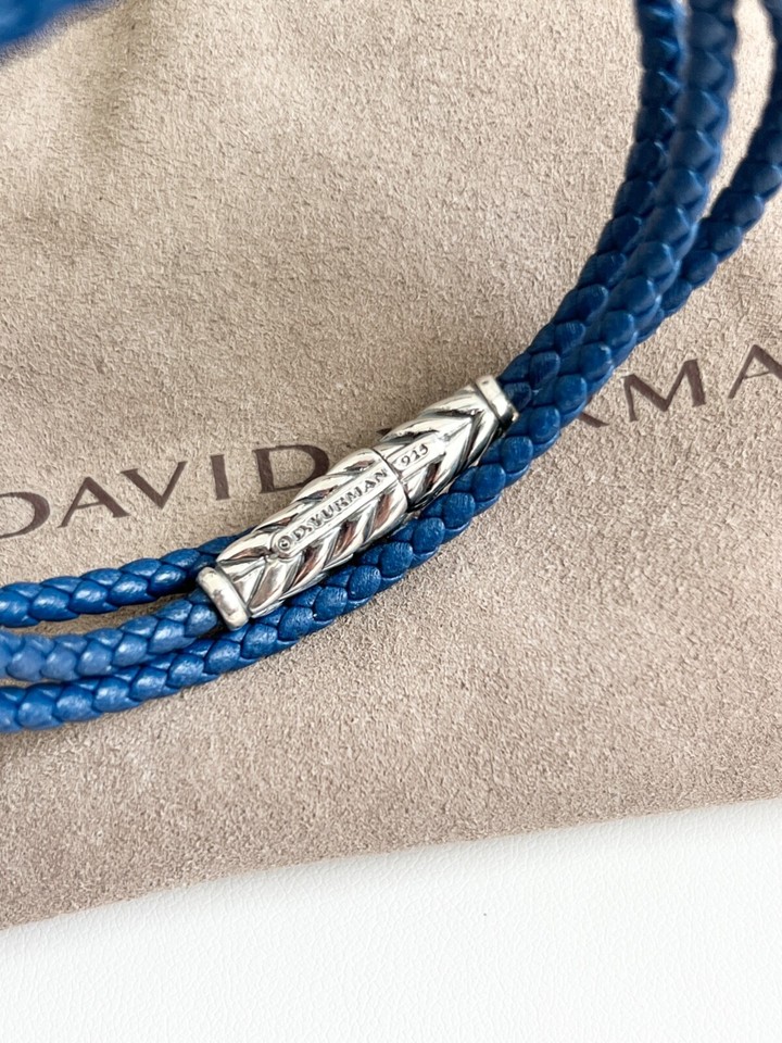 David Yurman .925 Sterling Silver Chevron Triple Wrap Blue Leather