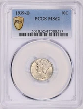 1939  -  D   MERCURY  DIME  -  MS  62