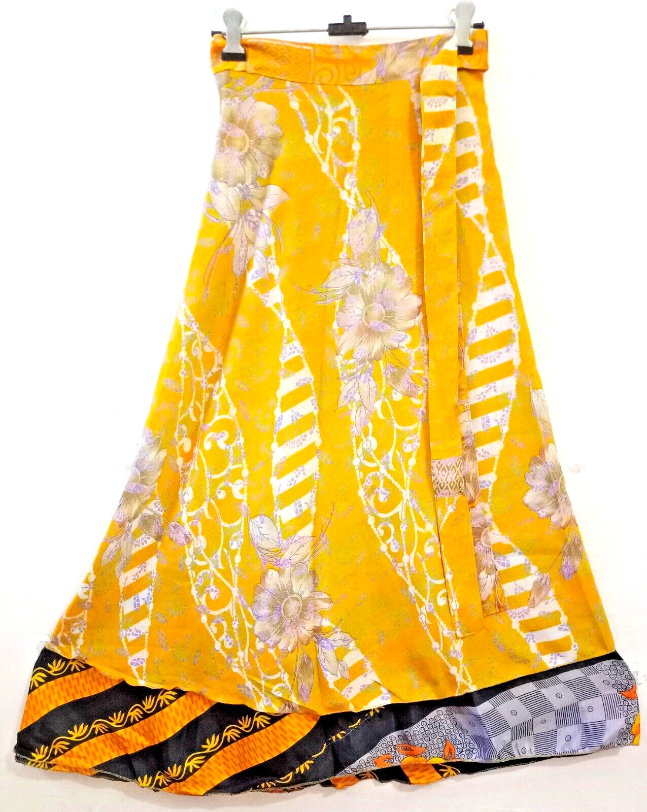 Falda envolvente de sari de seda india vintage larga boho gitana hippy verano...