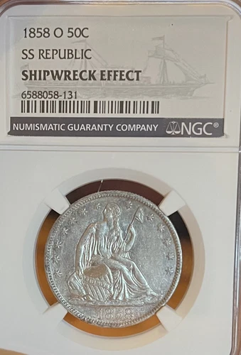 1858-O SS Republic NGC Shipwreck Effect! Seated Liberty Half Dollar