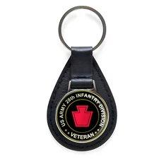 US Army 28th Infantry Division Veteran Black Leather Keychain Silver Keyring