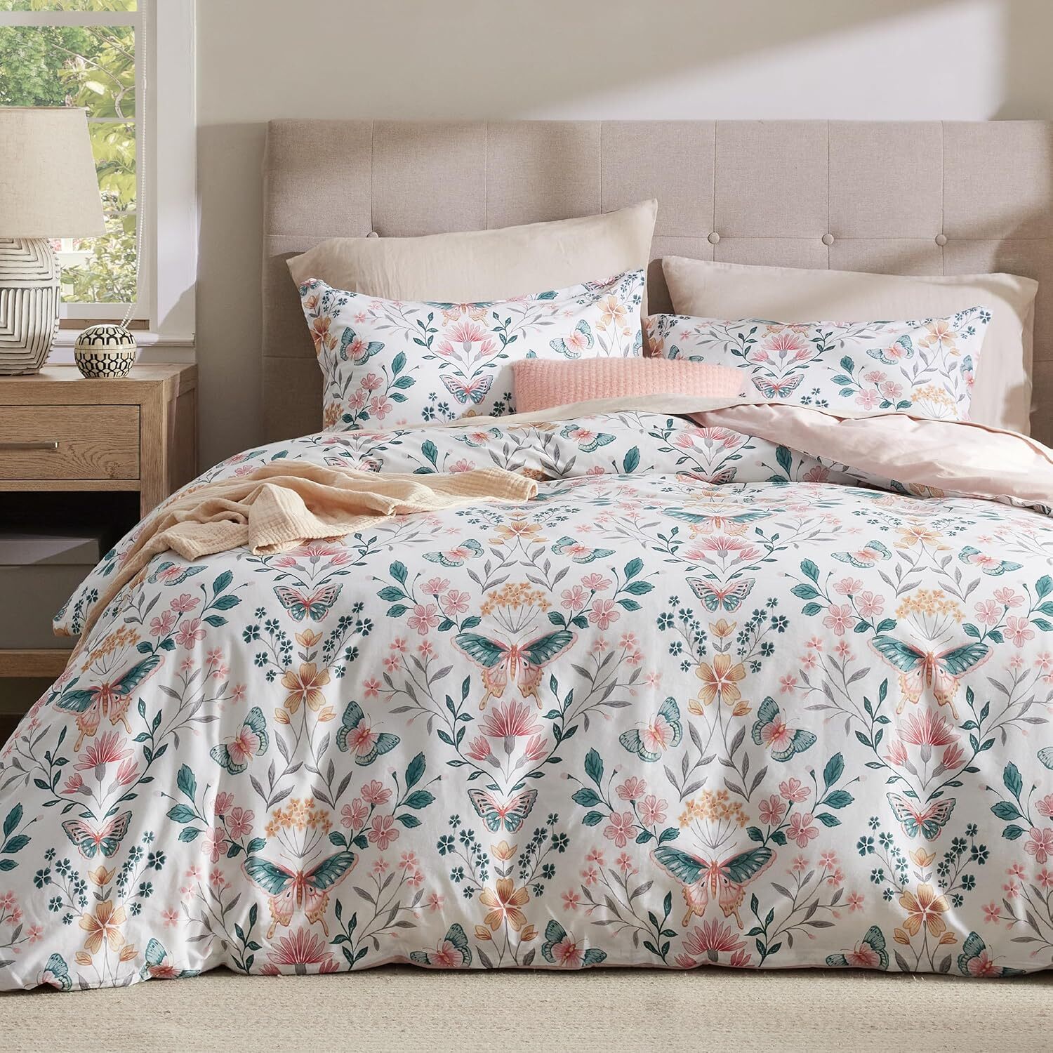 Bedsure Queen Cotton Butterfly Pink Duvet Cover Set with Zipper Closure-image