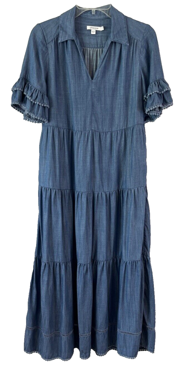 Chico's Collared V Neck Tiered Tencel Maxi Dress Blue Sz 000