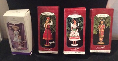 Lot of 4 Barbie Hallmark Christmas Ornaments - MIB - Russian, Mexican, Chinese &