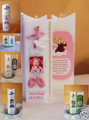 HANDARBEIT Taufkerze mit Foto Junge,Mädchen 3D Babyschuhe. Taufgeschenk