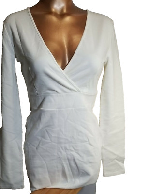 Sexy Cleavage Dress White Bodycon Stretch Cotton long sleeve M Classic Bombshell