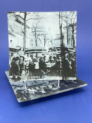 2 MONMARTRE PARIS Square PLATES w/ 1930s photograph France Basilica Sacre-Coeur