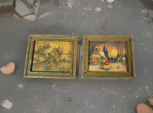 Vintage Holz gerahmte hängende Wandbilder Weihnachtsdrucke grün akzentuierte Rahmen _ BR