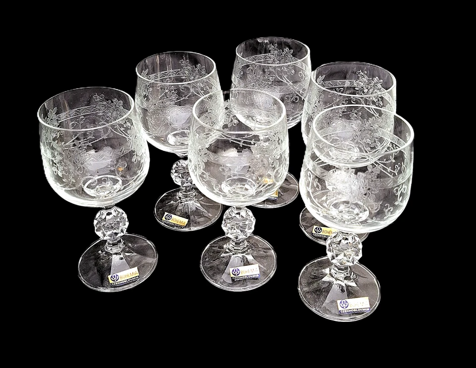 6 Bohemia Crystal Weißwein Gläser vintage facettierte Kugel geätzt 14cm edel ovp - Bild 2 von 4
