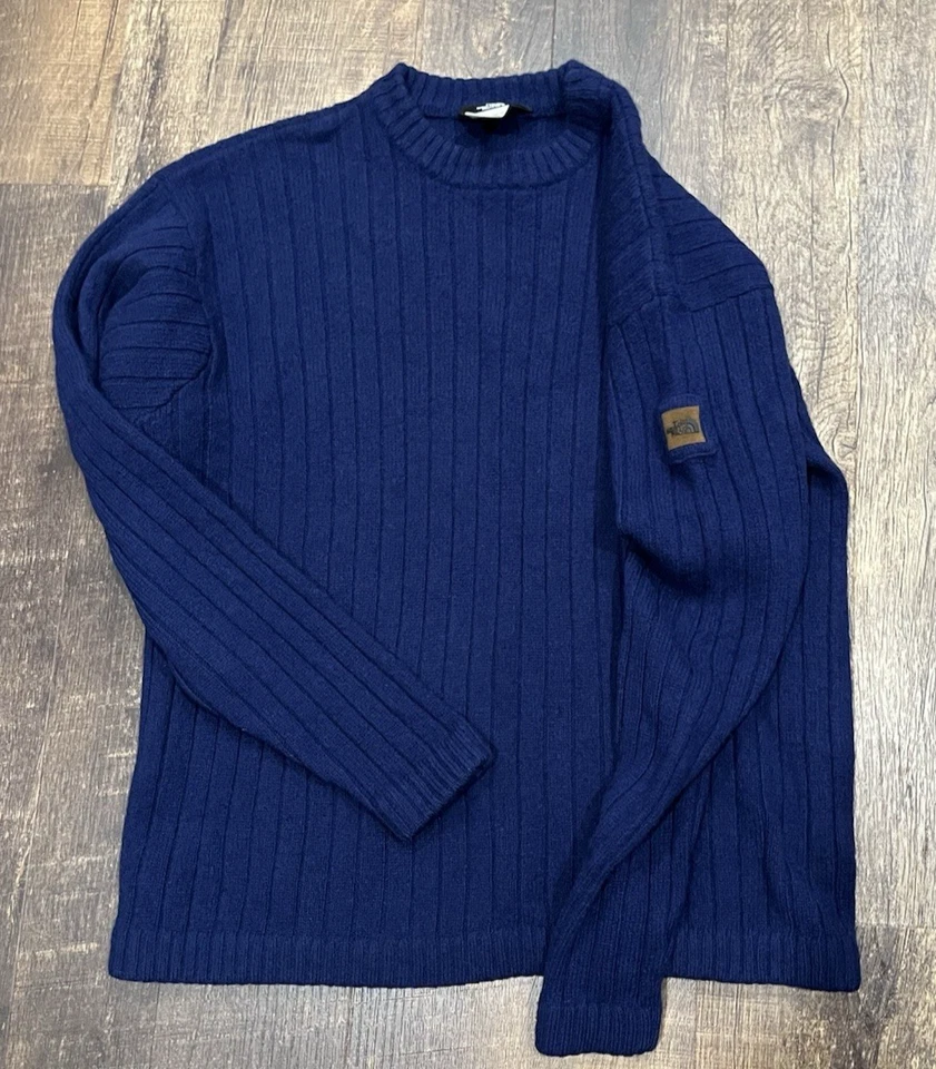 North Face Medium Blue Wool Men Sweater Ribbed Crew Neck Pullover Cozy Warm - Image 2 of 4