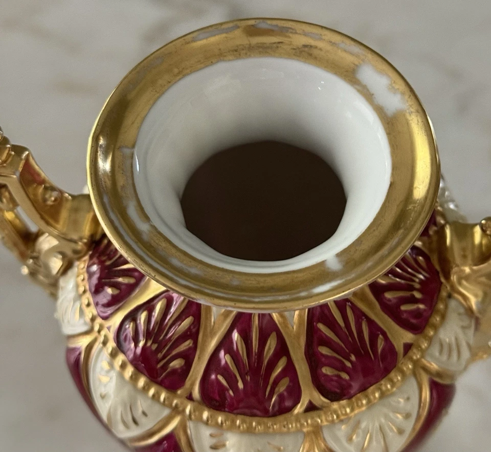 Antique RW Rudolstadt Germany Porcelain Urn Vase Hand Painted Floral Gold 14” - Image 2 of 4