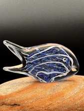 Clear Glass Fish Blue with White Stripes Glass Eyes Art Glass PAPERWEIGHT