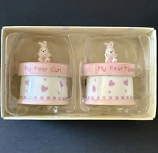 2-Piece My First Tooth & My First Curl Pink White Bunny Hearts Baby Gift AS IS