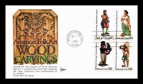 US COVER WOOD CARVINGS FOLK ART FIRST DAY ISSUE SETENANT GILL CRAFT CACHET