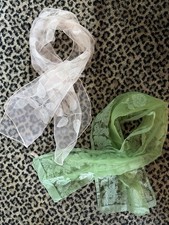 Sheer Italy Scarves Lot 2 Floral Nylon Rayon Oblong Pink Blush Green Retro VTG