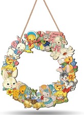 Easter Wreath for Front Door, Vintage Wooden Easter Bunny Hanging Door Sign Retr