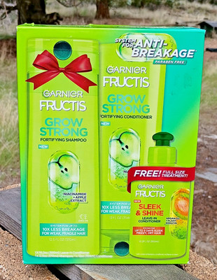 Garnier Fructis Grow Strong Shampoo Conditioner + Sleek & Shine Leave In 12.5 oz