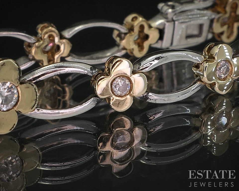 14k Two Tone Gold Natural .75ctw Diamond Flower Link Bracelet 11g 7.25"L i20046 - Image 2 of 4