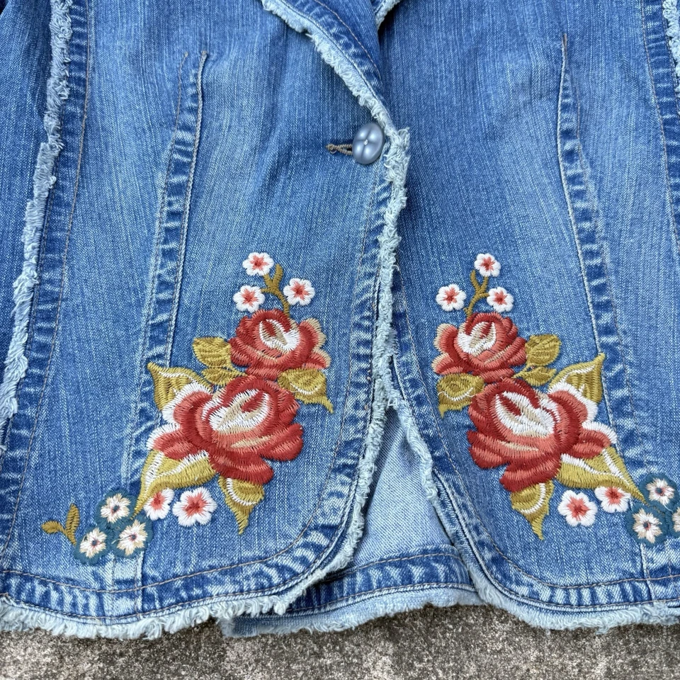 Chaqueta vaquera vintage Y2K Kitkit Jeans floral bordada para mujer XL Boho Hippie Foto 2 de 4