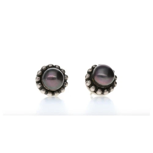 Sterling Silver Black DYED Pearl Stud Earrings 10mm Beaded Halo Vintage Style