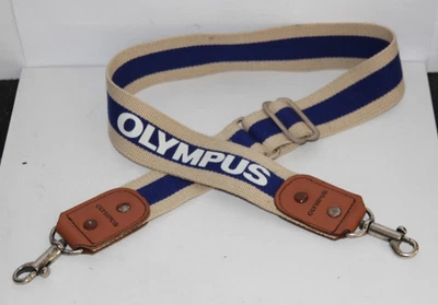 Olympus OM Camera Neck Strap Blue Cream Brown Leather Ends Metal Clips - Image 1 of 4