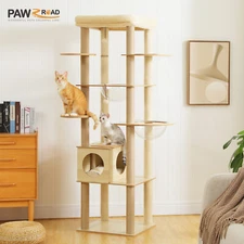 PAWZ Road Wooden Cat Tree Tower Scratching Post Condo House with Two Clear Bowls