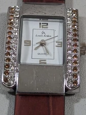 Louis Arden Silver Tone Crystal Accent Rectangle Case Brown Leather Band Watch