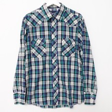 Vintage 80s Men's Large Wrangler Long Sleeve Button Shirt Teal Plaid Pearl Snap