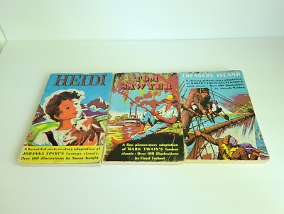 3 Book Lot ~ 1952 Pixie Illustrated ~ Tom Sawyer Treasure Island Heidi ~ 1st Ed.