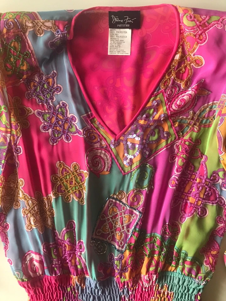 Vestido midi vintage anos 70 anos 80 Diane Freis rosa brilhante vermelho laranja corpete frisado tamanho P/M - Imagem 2 de 4