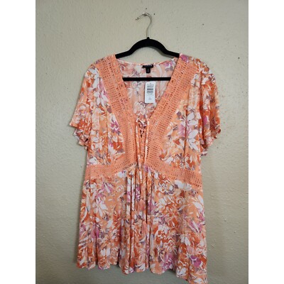 Torrid Floral Crochet Trim Tunic Top Boho Blouse Plus Size 2 2X 18-20