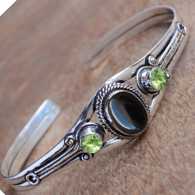 Black Onyx & Peridot Cut Gemstone 925 Sterling Silver Cuff Bangle For Her Gift