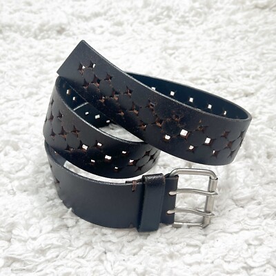 Express Vintage Perforated Brown Leather Belt Silver Buckle Medium Adjustable Express Leather Belt Heavy Silver Buckle Brown Size Small | eBay main image 3