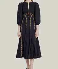 $565 Rhode Women's Black Eunice Puff-Sleeve Embroidered Midi Dress Size Medium