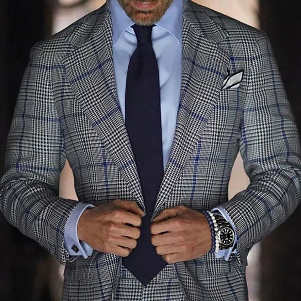 Men Suits Tweed Houndstooth Checkered Suits Formal Business Wide Lapel 2 Pieces - Image 4 of 4