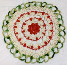 Vintage Round Hand Crocheted Doily, Medium, Flower Design, White, Orange, Green