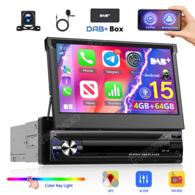 4+64G 1 DIN 7 Zoll Flip Out Carplay Autoradio Android 15 GPS WIFI FM BT DAB+ KAM