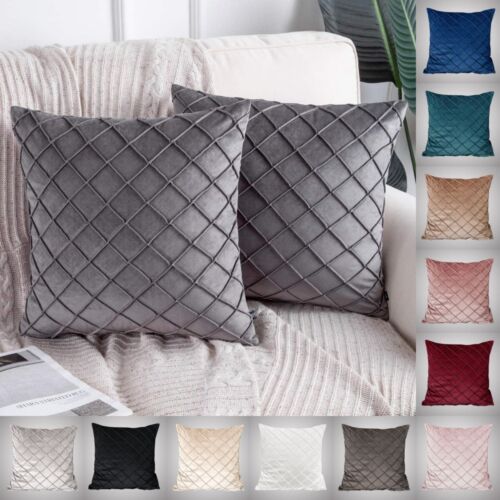 Velvet Checked Soft Plain Solid Cushion Cover Tartan Pillow Case Sofa Home Decor - Picture 1 of 39